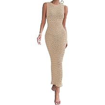 SKAYS Women's Knitted Crocheted Dress Hollow-Out Design Round Neck Sleeveless High Slit Beach Maxi Dress