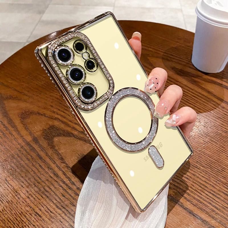 Image of for Samsung Galaxy Glitter Case,Luxury Bling Rhinestone Diamond Plated Bumper Case,MagSafe, Sparkle Camera Lens Protection Clear Back Cover (Gold, for Samsung Galaxy S25 Ultra)