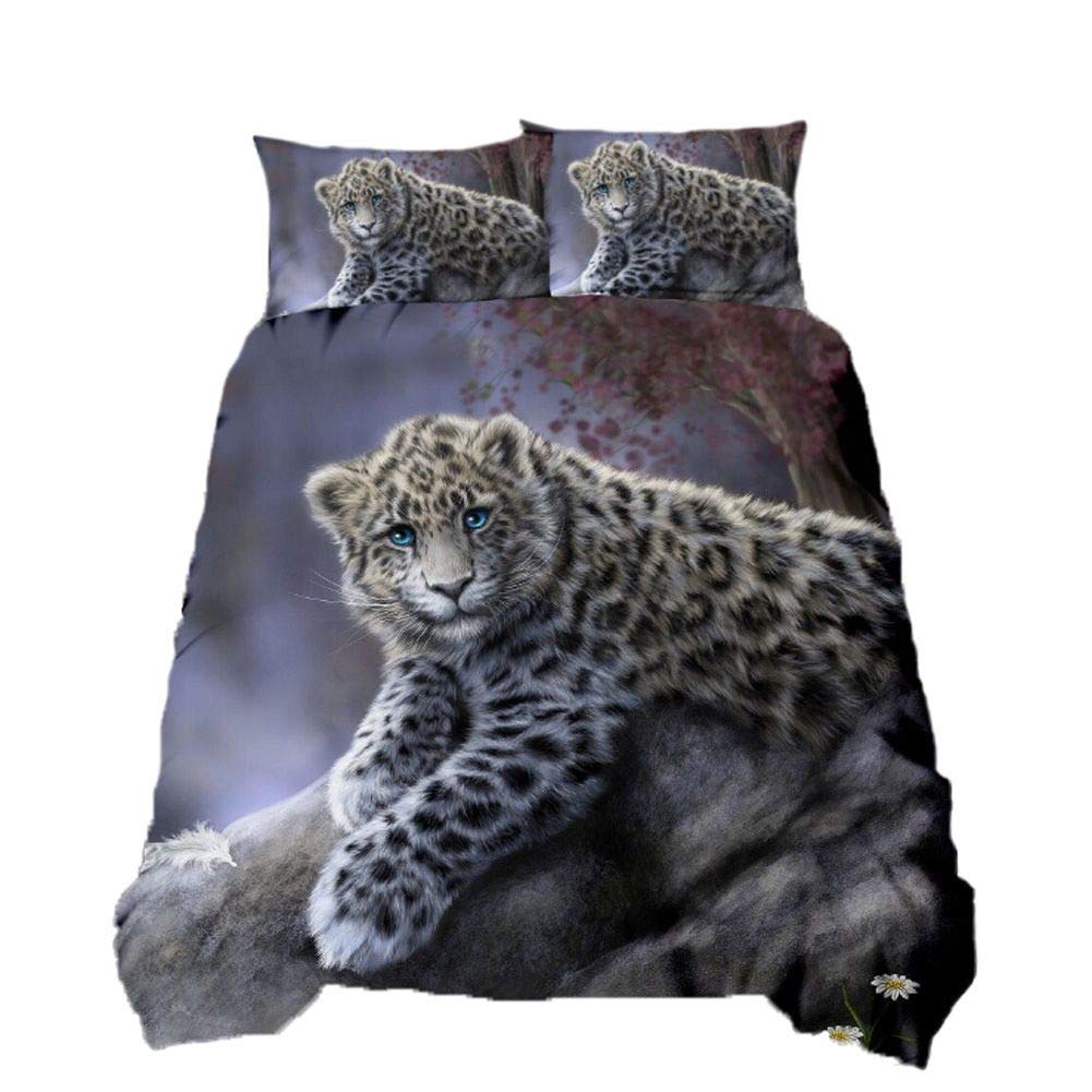 Loussiesd Snow Leopard Bedding Set for Kids Boys Teens 3D Animal Comforter Cover Wildlife Duvet Cover Cute Leopard in the Forest Decorative Man Bedspread Cover Double with 2 Pillowcases Zipper