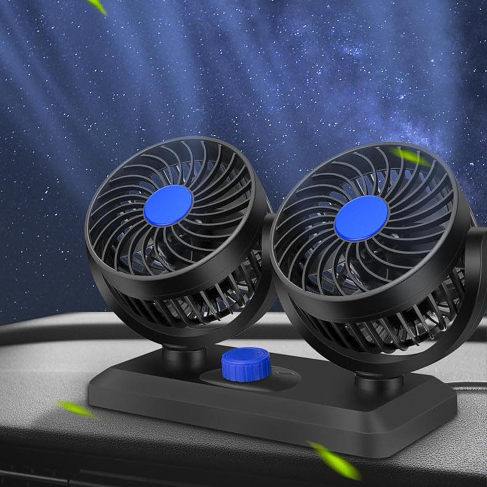 Ventilador de coche de doble cabezal alimentado por USB, compatible con 5 V, 12 V, 24 V, 2 ajustes de velocidad ajustables y cabezales de ventilador giratorios de 360 grados para una refrigeración