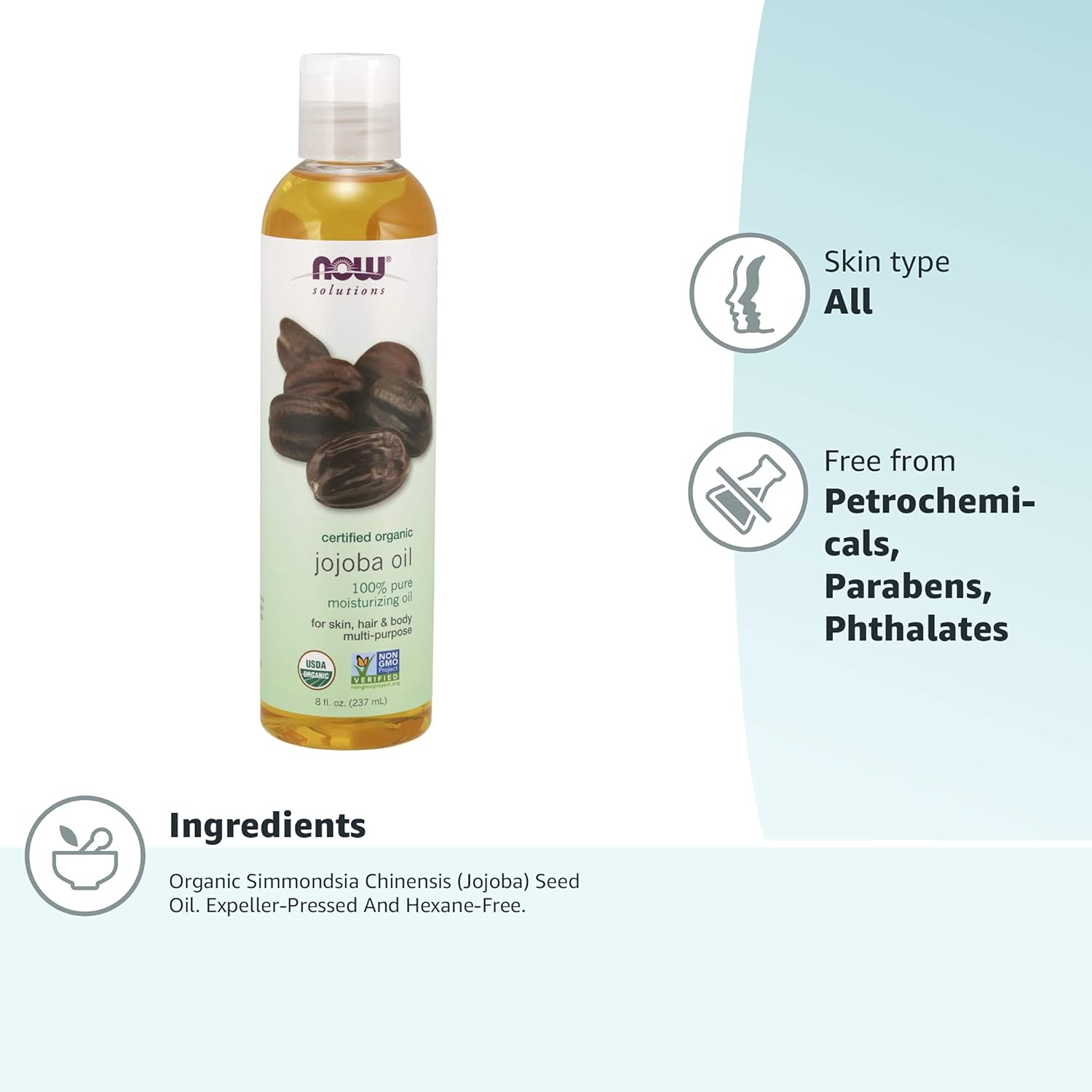 NOW Solutions, Organic Jojoba Oil, Moisturizing Multi-Purpose Oil for Face, Hair and Body, 8-Ounce : Beauty & Personal Care