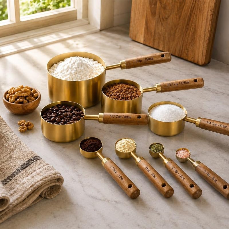 ZURATO 8pc Stainless Steel Measuring Cups and Spoon Set | Wooden Handle Measuring Spoon Scoop Set | Measuring Cups and Spoons Set | Baking Utensils discount deal