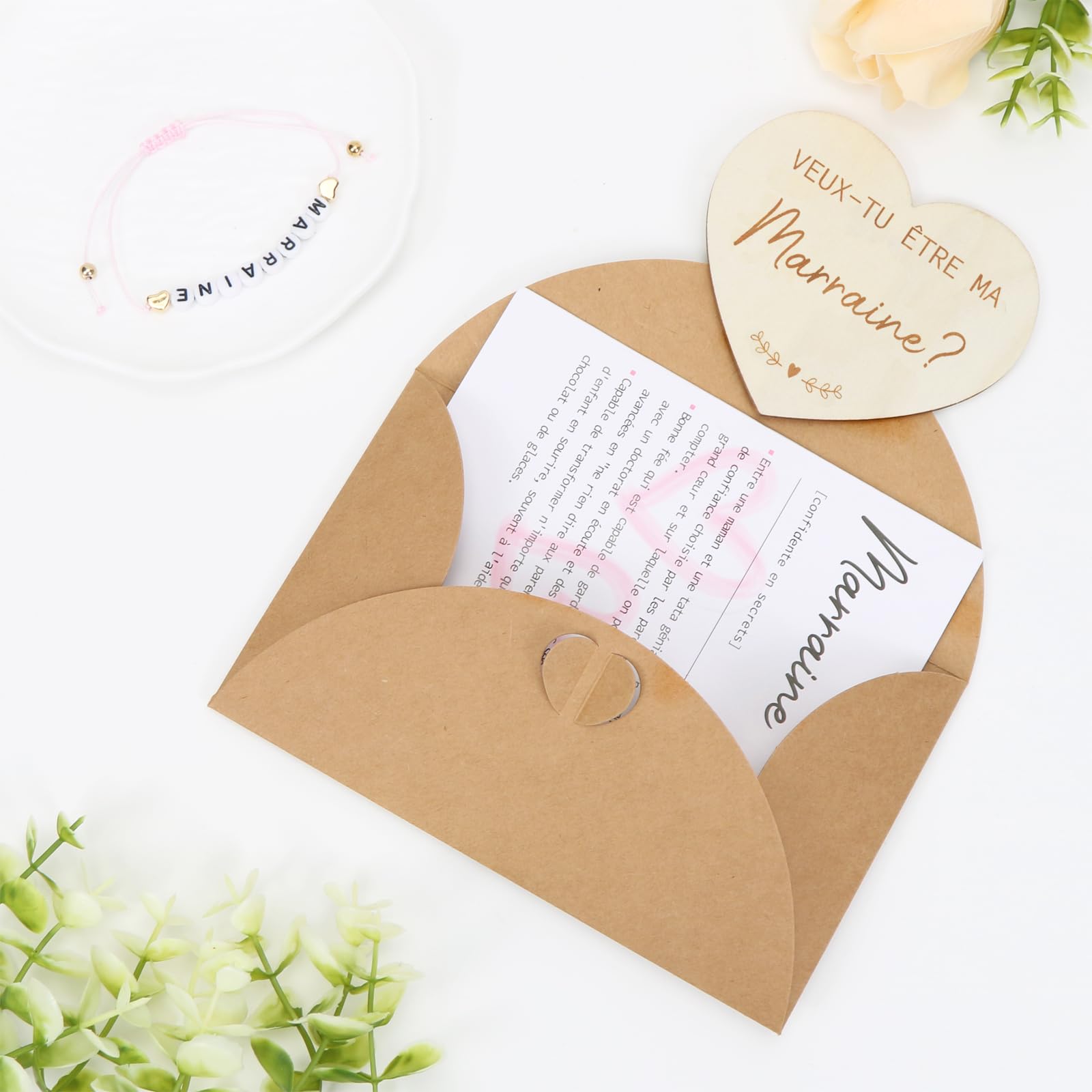 Carte de Demande en Bois pour Marraine, Bracelet avec Lettres, Idées Cadeaux