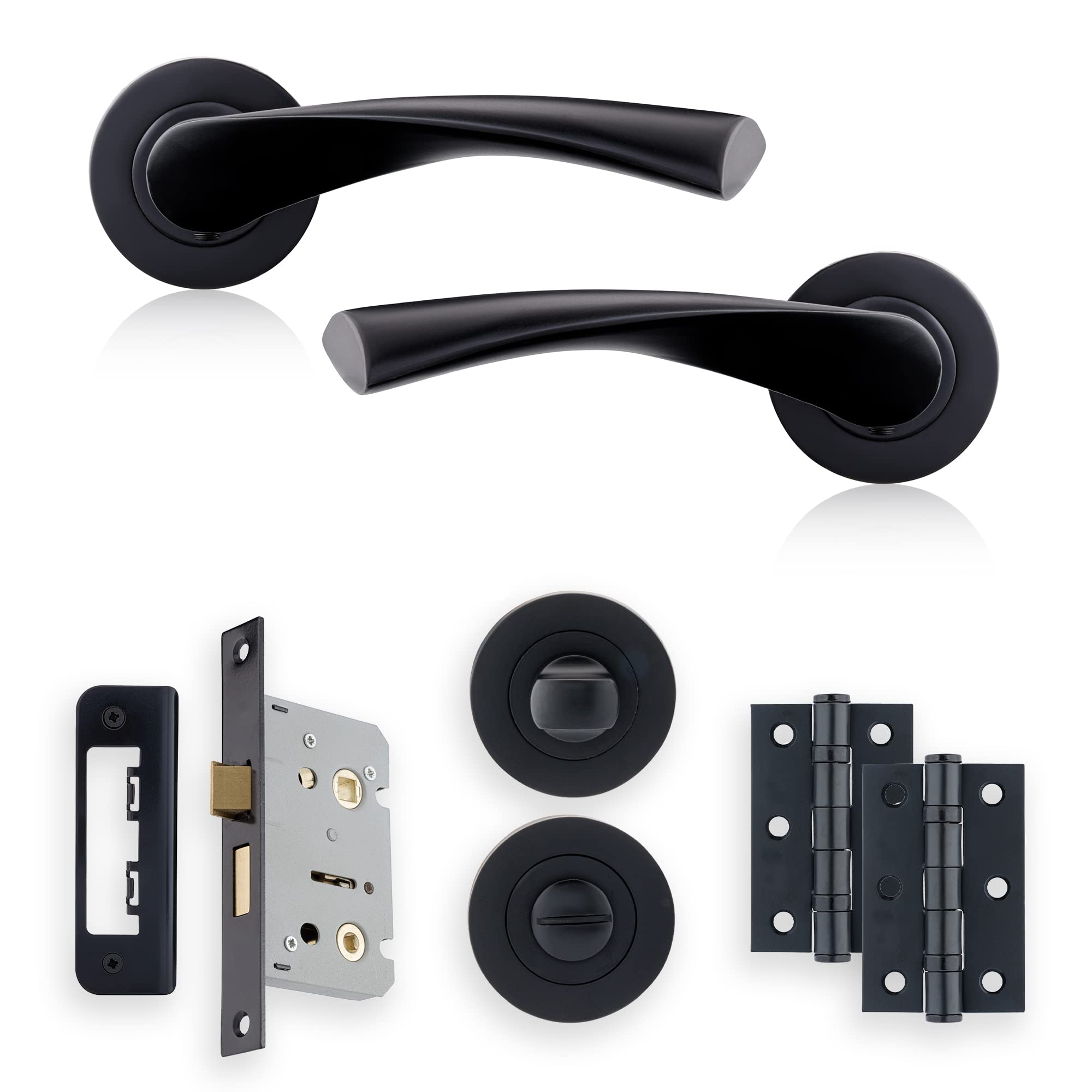 XFORT Matt Black Warped Lever On Rose Bathroom Pack, with Ball Bearing Hinges, Thumbturn Release and A Bathroom Lock, Ideal for Internal Wooden Doors for Home and Office.