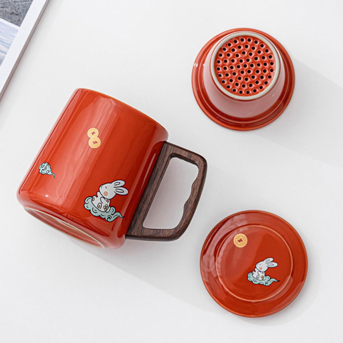 Taza de Té Roja 400ml con Infusor y Tapa de Cerámica
