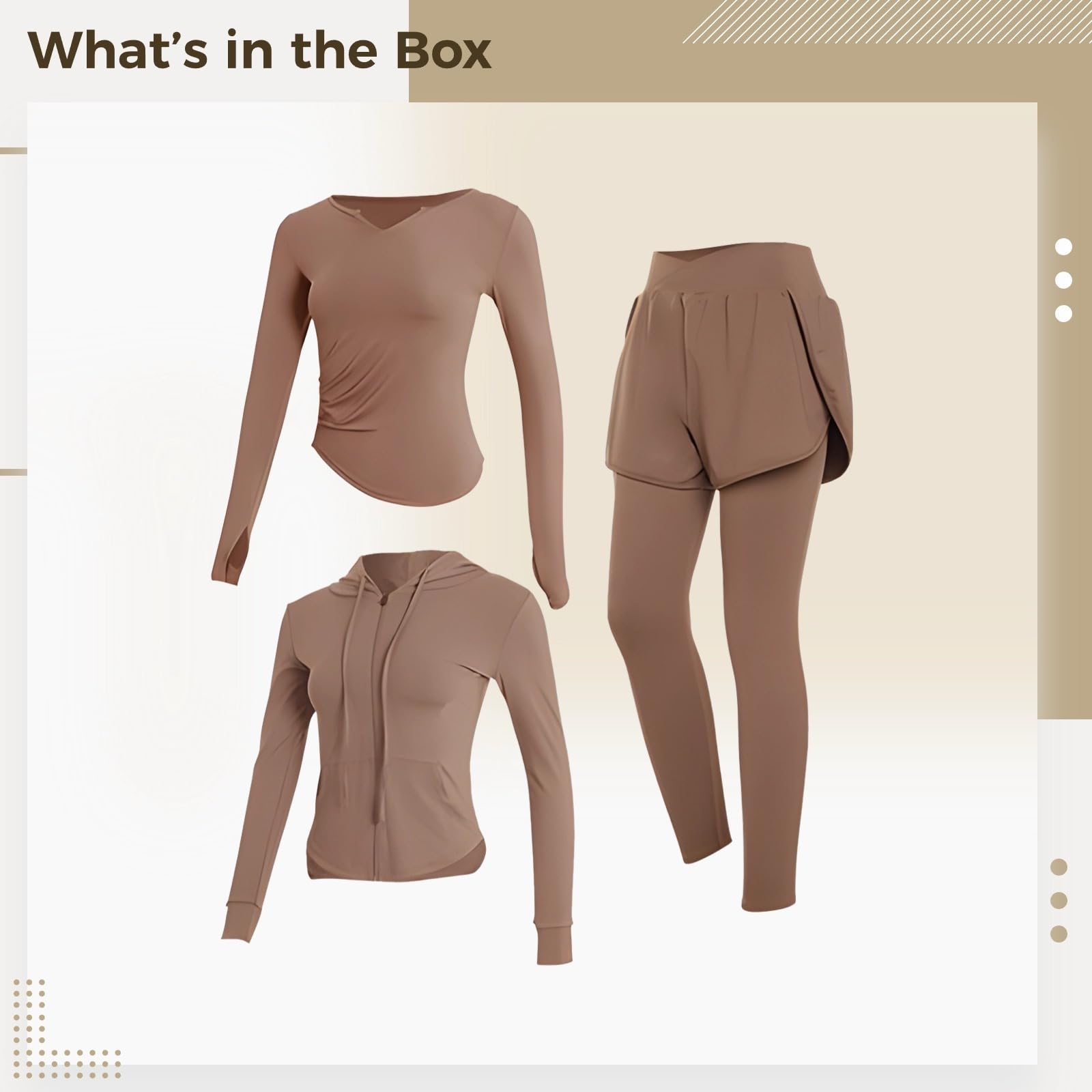 Conjunto de ropa deportiva de 3 piezas para mujer, chaqueta, leggings y pantalones cortos, tela elástica, transpirable, no hace bolitas, ideal para fitness diario, marrón, Talla única
