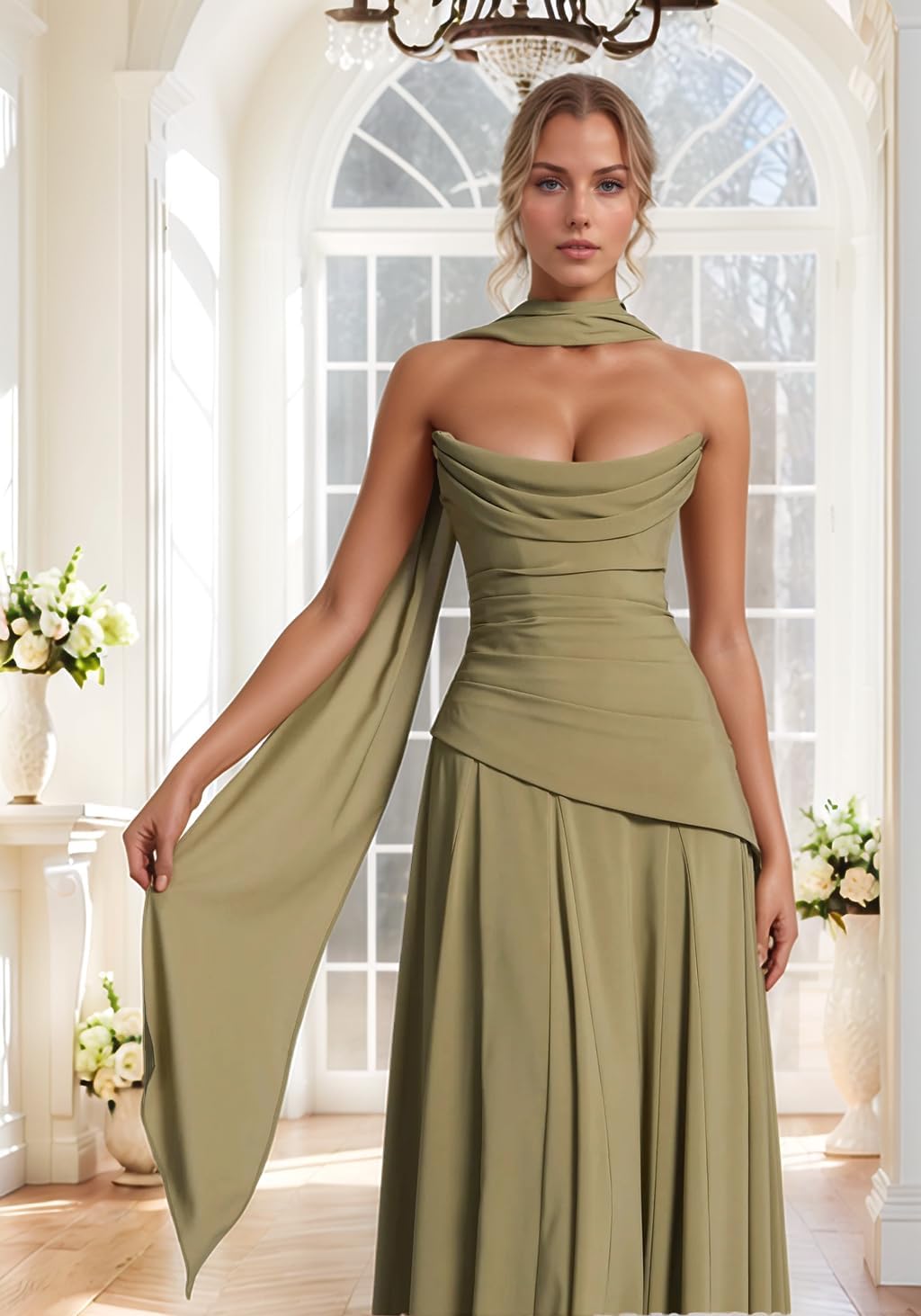 Strapless Bridesmaid Dresses with Scarf Chiffon Ruched Formal Dress A-line Long Evening Gown for Women - Image 4