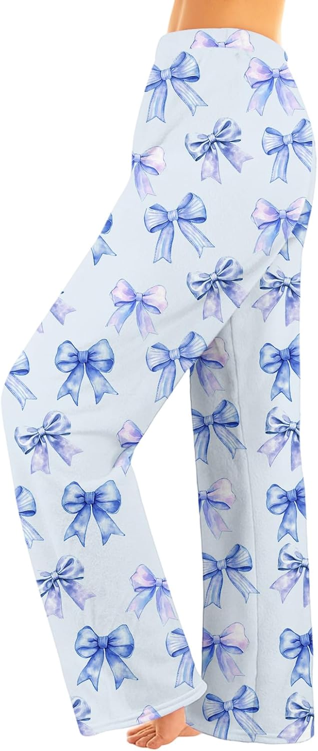 Lounge Pants Women Elastic Waist Bow Print Pants Winter Warm Trendy Pajama Trousers Breathable Y2k Pjs Bottoms - Image 2