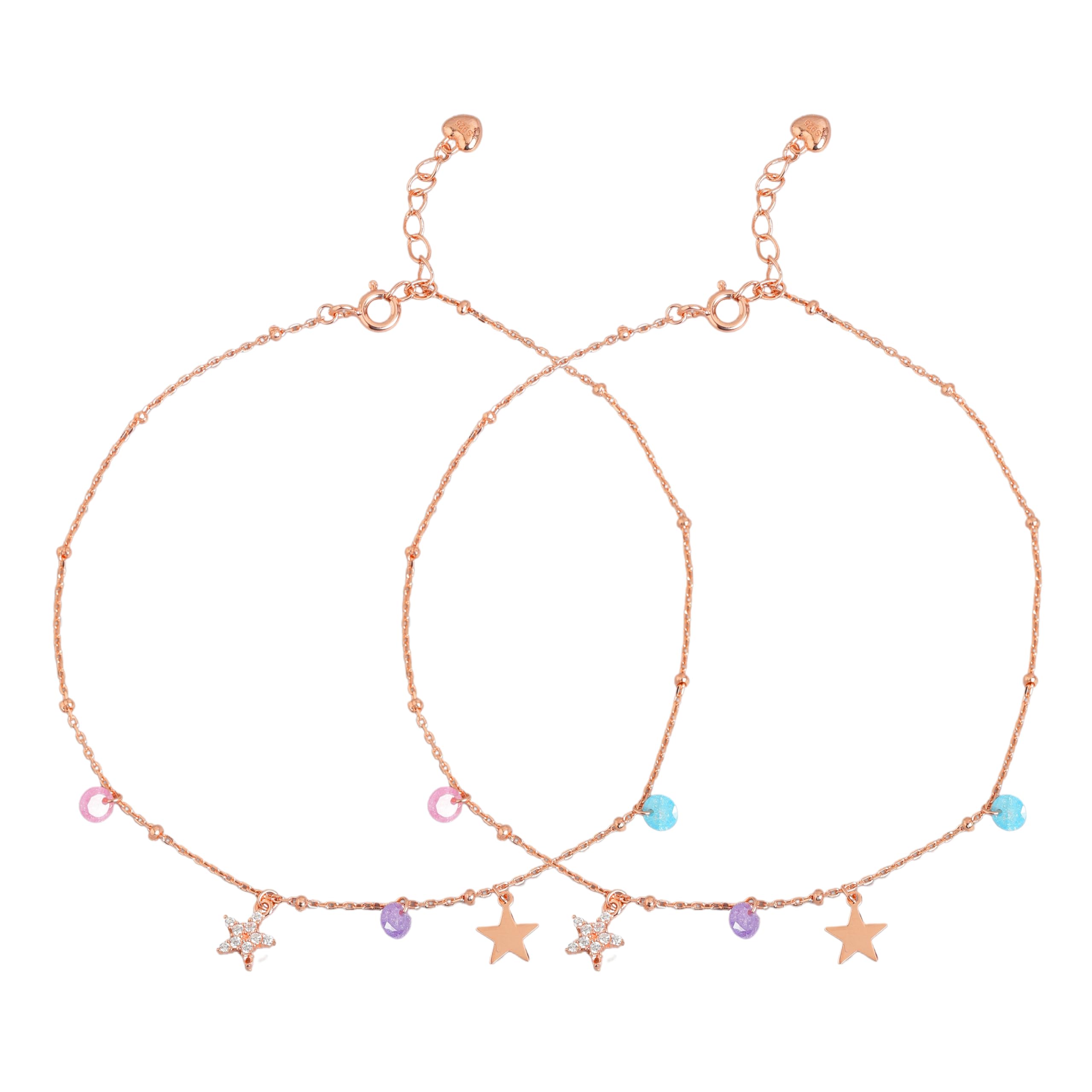 ZAVYA 925 Sterling Silver Multicolour Star & Drop Rose Gold Plated Anklet (Pair) for Women | Stylish Silver Jewellery | Gift for Women & Girls | With Certificate of Authenticity & 925 Hallmark (B0BT7FFY8Q) Amazon Price History, Amazon Price Tracker