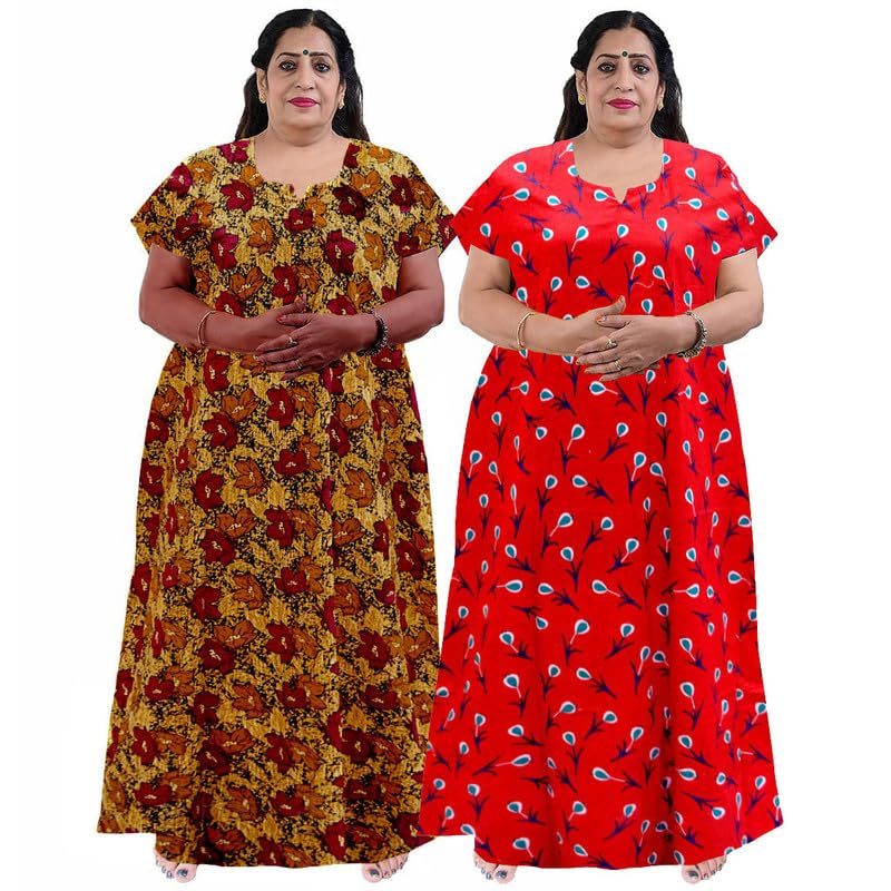 Women Casual Floral Printed Multicolor Night Wear Gown/Free Size Nighty/Cotton Nighty Pack of 2_Jumbo-NT1030-Free-picture-25