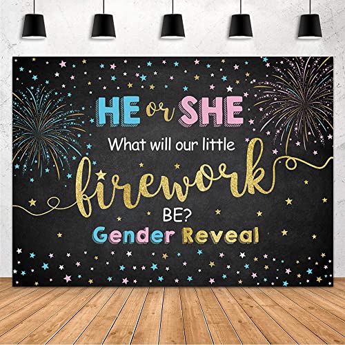 MEHOFOND Firework Gender Reveal Party Backdrop He Or She What Will Our Little Firework Be Star Photography Background Boy Or Girl Black Gold Banner Decoration Baby Shower Photo Studio Props 7x5ft