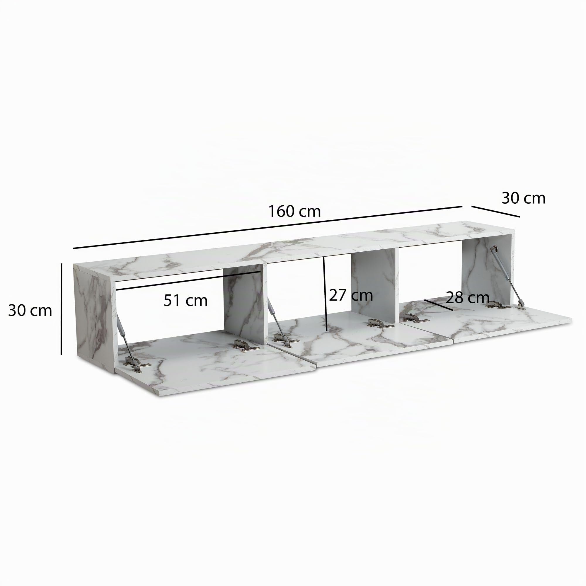 FineBuy Lowboard Hängend 160x30x30 cm Weiß Marmor-Optik mit Klapptüren