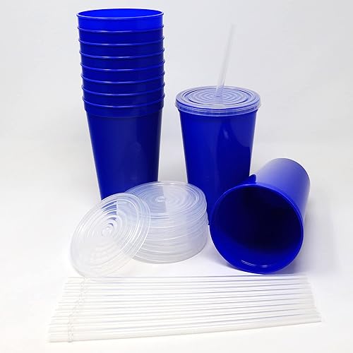 Miniatura 3 de Rolling Sands Vasos de plástico reutilizables de 22 onzas con tapas, paquete de 10 vasos azules fabricados en Estados Unidos incluye 10 popotes