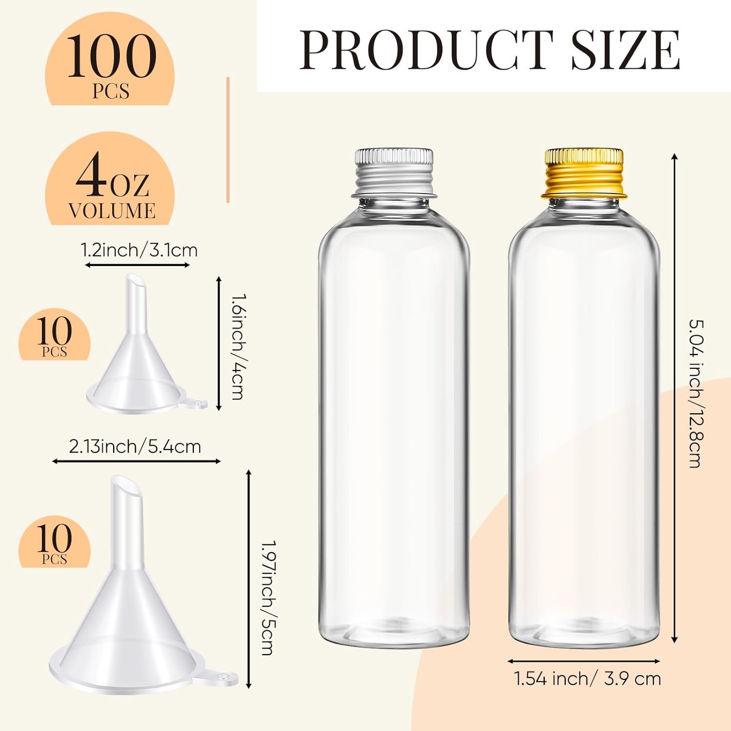 Tanlade 100 Pcs Sand Art Bottles with Caps 4oz Plastic Bottles for Sand Art with 20 Pcs Funnels Clear Containers for Sand Art Craft Collection Craft Party Wish and Message Bottle, Sand Not Included