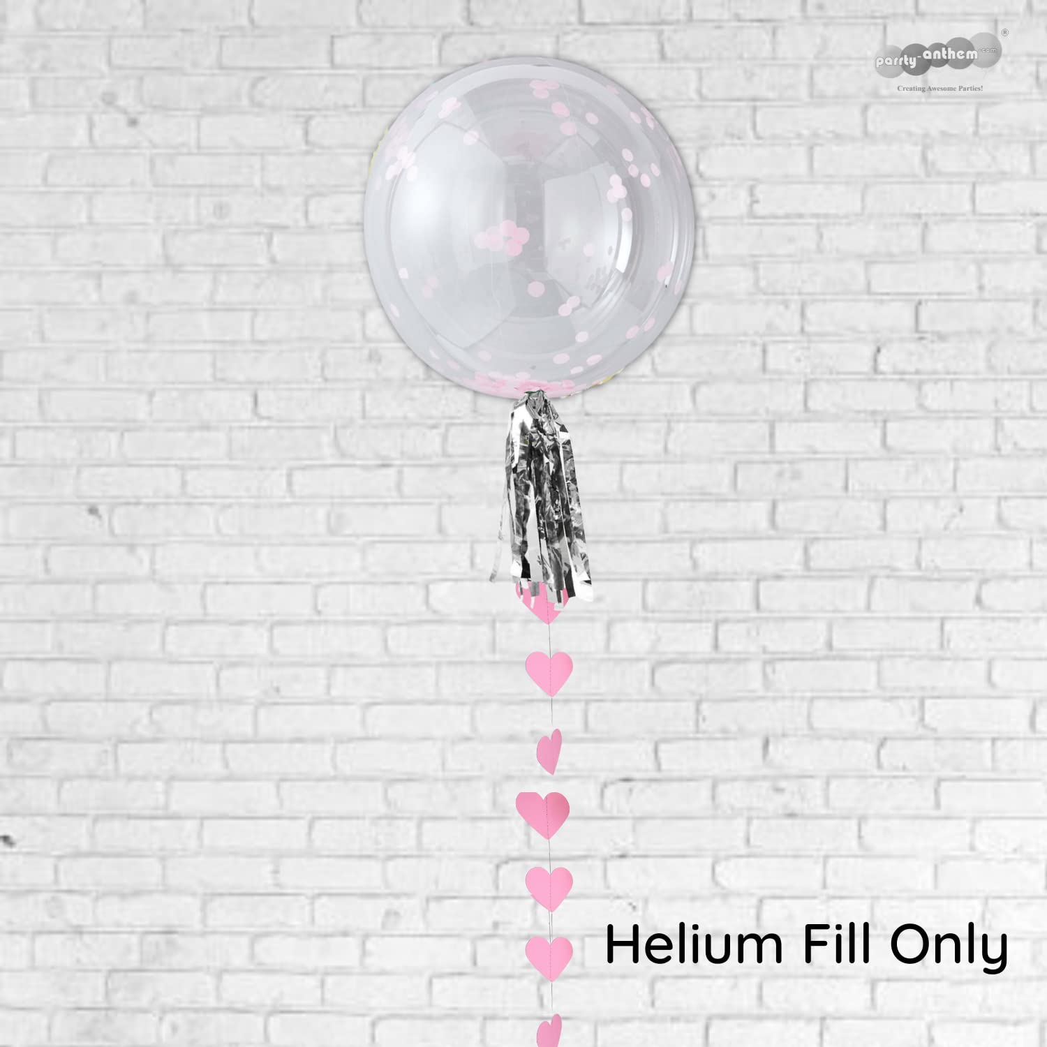 Party Anthem Helium Bobo Balloon with Confetti & Tassle Set | Transparent Bobo Balloon | Pink Confetti | Silver Tassle | Heart Shaped Dangle String - Image 2 thumbnail