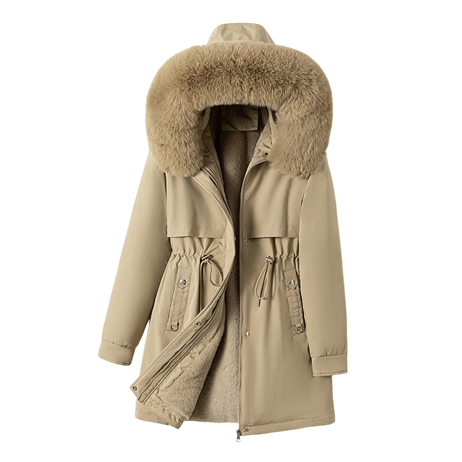 Generisch Damen Wintermantel in Übergröße mit Reverskragen Langarm dick gepolstert warme ideal für kalte Tage (Khaki, XXL)