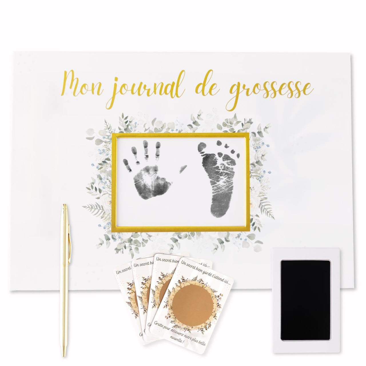Journal de Grossesse a remplir Kit d'Empreintes Bébé Livre de Grossesse 4 Cartes a Gratter Annonce Les premières Fois de Bébé Checklist Baby Shower Cadeau Future Maman Souvenirs
