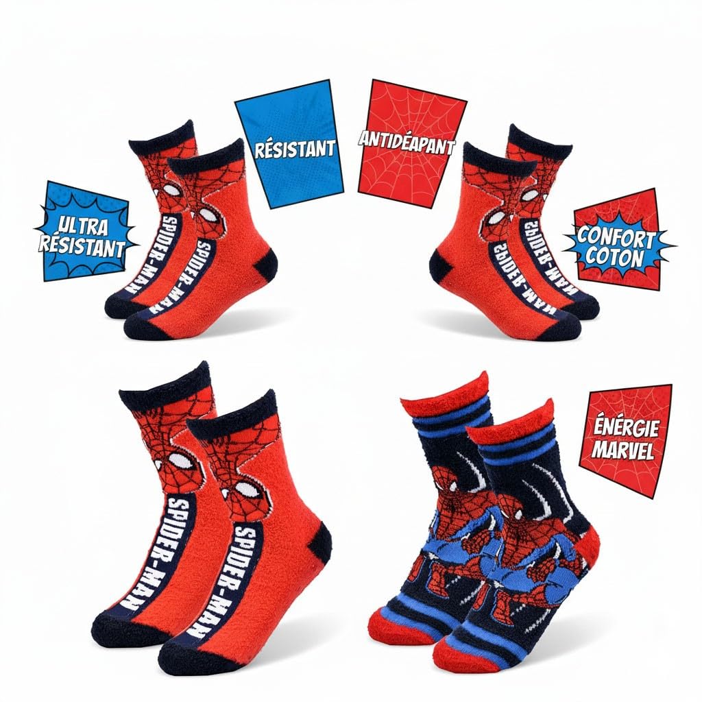 Pack 4 paires de chaussettes antidérapantes garçon – Marvel Spider-Man | Douces et résistantes | Coton peluche | Licence officielle Marvel | Tailles 23/26, 27/30, 31/35