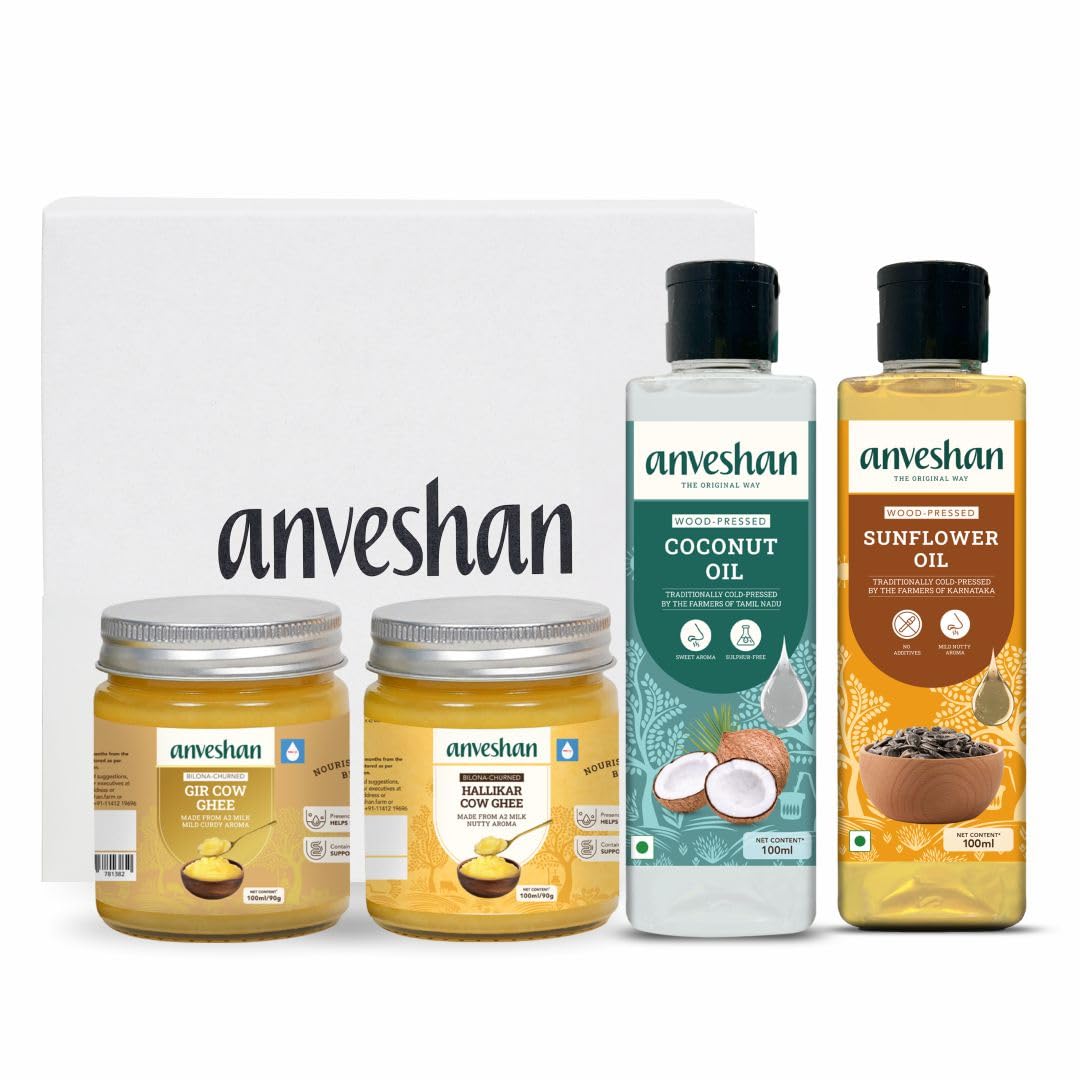 Anveshan A2 Hallikar Desi Cow Ghee, A2 Gir Cow Ghee, Wood Pressed Black Sesame and Coconut Oil - 100ML Pack of 4 (B0D8WF4CZ6) Amazon Price History, Amazon Price Tracker