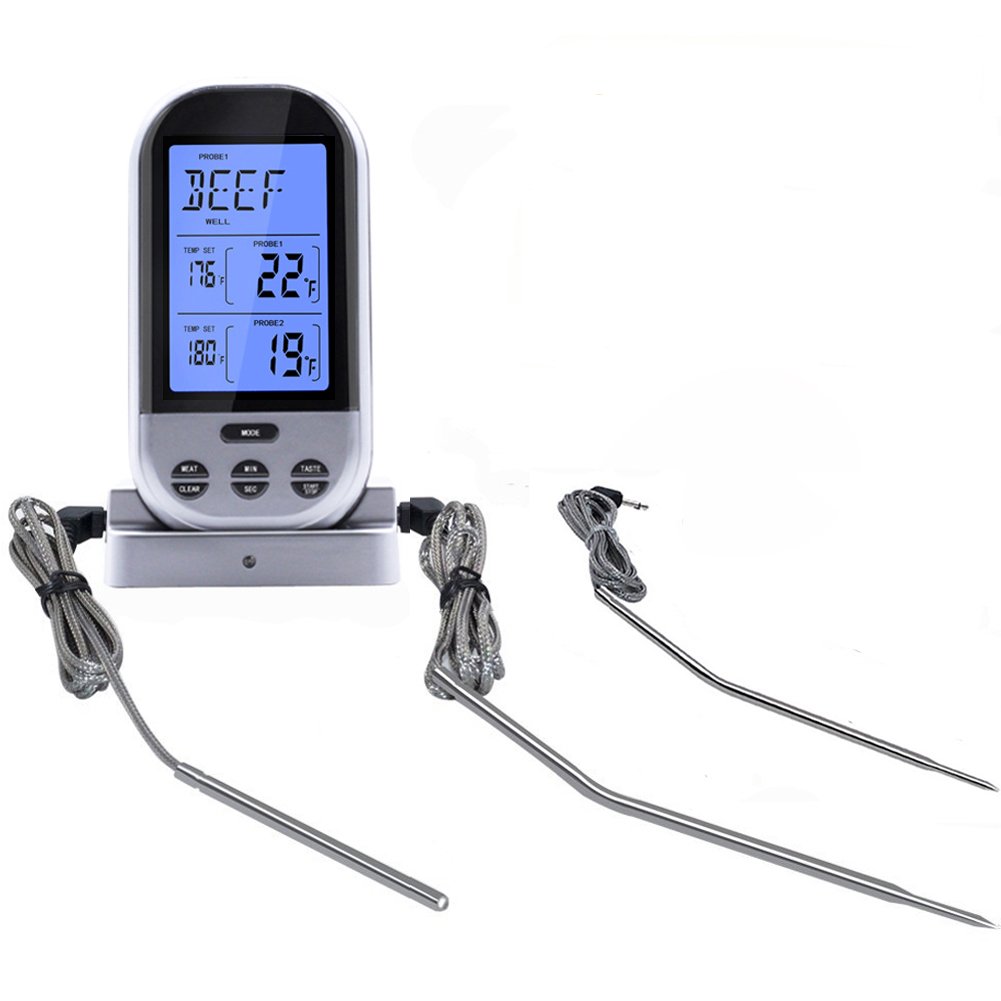 EAAGD Wireless Remote Digital Cooking Food Meat Thermometer (Upgraded Version)- Dual Probe for BBQ Grill Oven Smoker - Monitors Up To 230 Feet Away - Included 3 Probes (Silver)