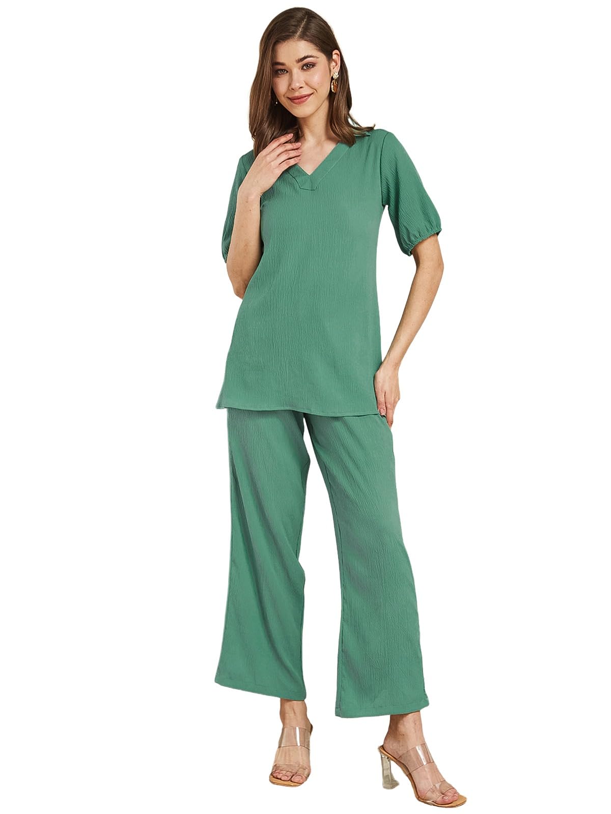 selvia Co-ords Set for Women|Textured Crepe Top & Trouser Set|Western Co-ords Set for Women|Solid Two Piece Co-ord Set-picture-34