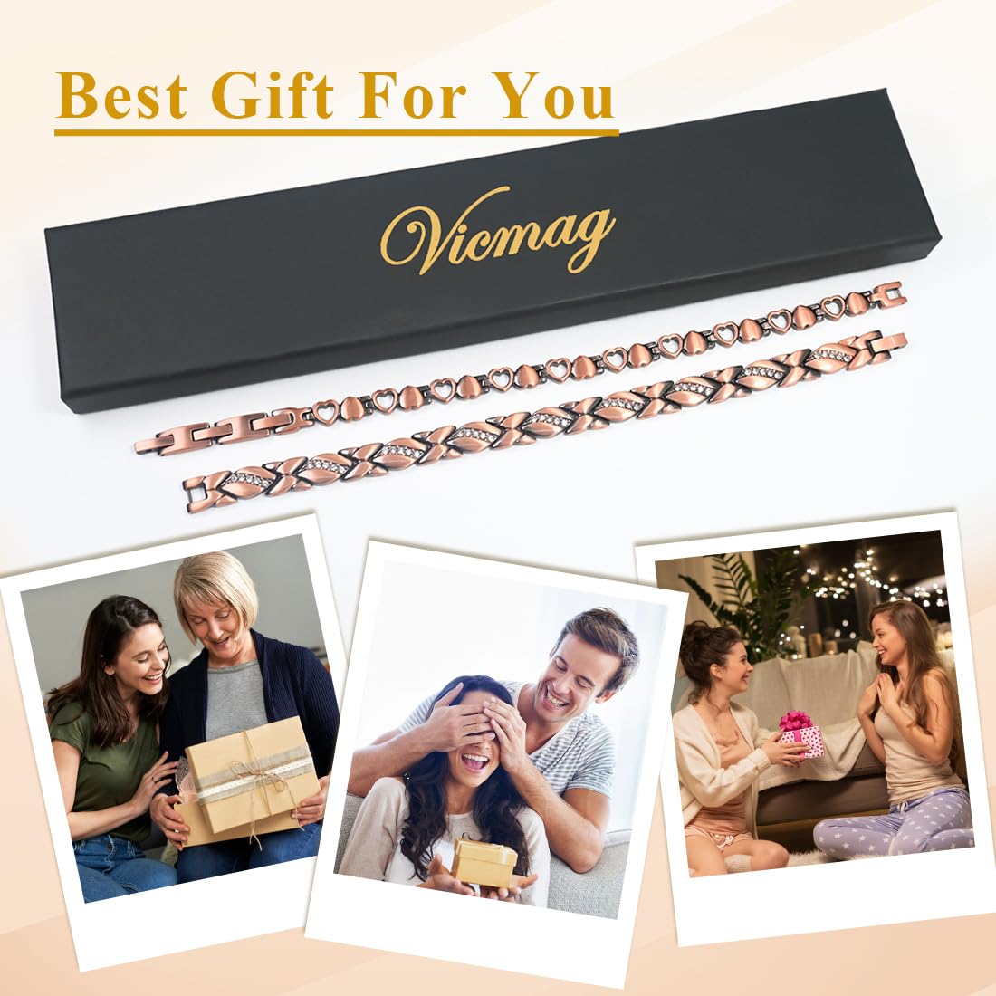 Vicmag Bracelets en cuivre pour femme, ensemble de bagues magnétiques