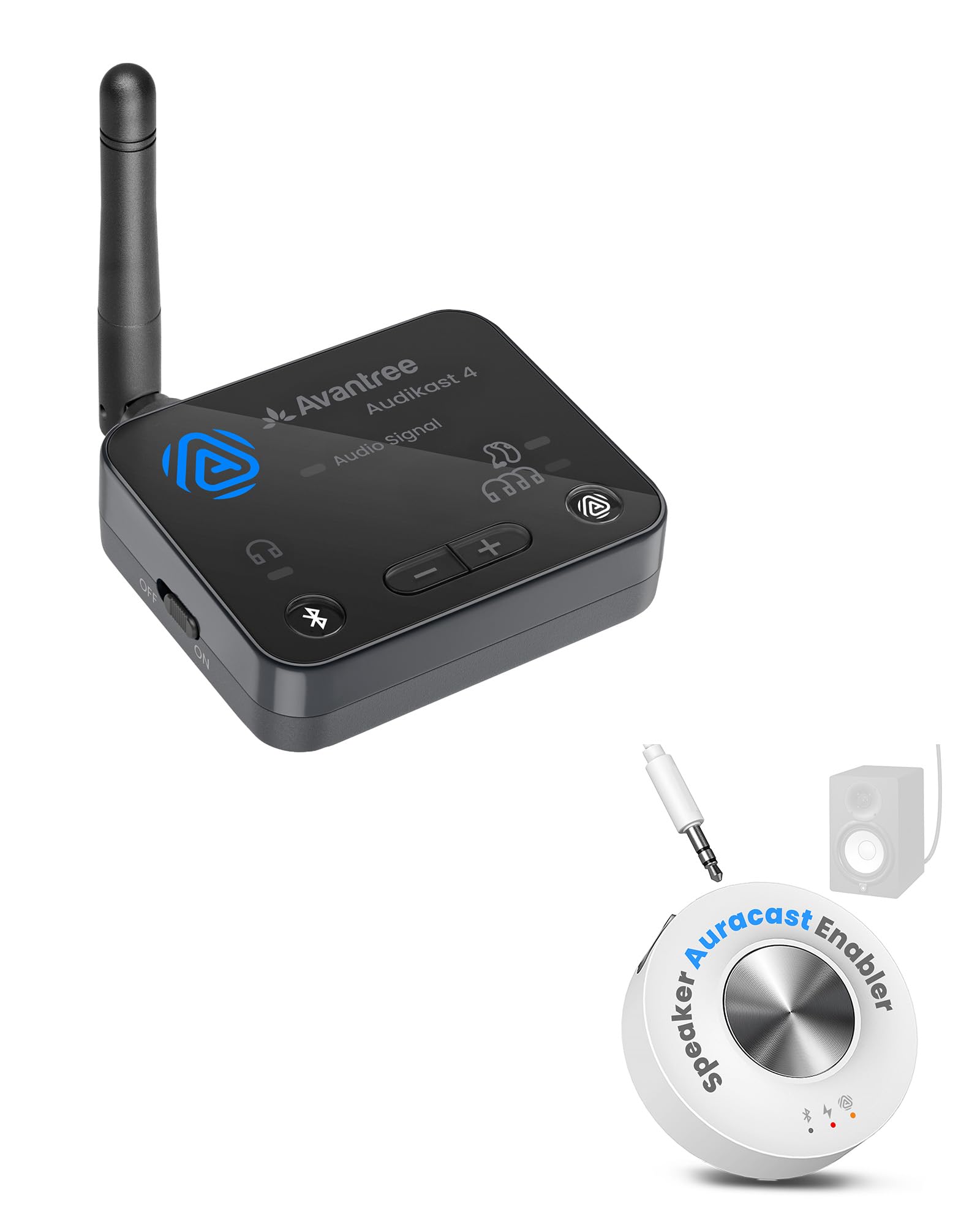 Avantree Audikast 4 & AuraLink Bundle – Trasmettitore e Ricevitore TV Auracast & Bluetooth per Cuffie & dispositivi di ascolto potenziato selezionati, e Casse Attive con ingresso 3,5 mm AUX o RCA