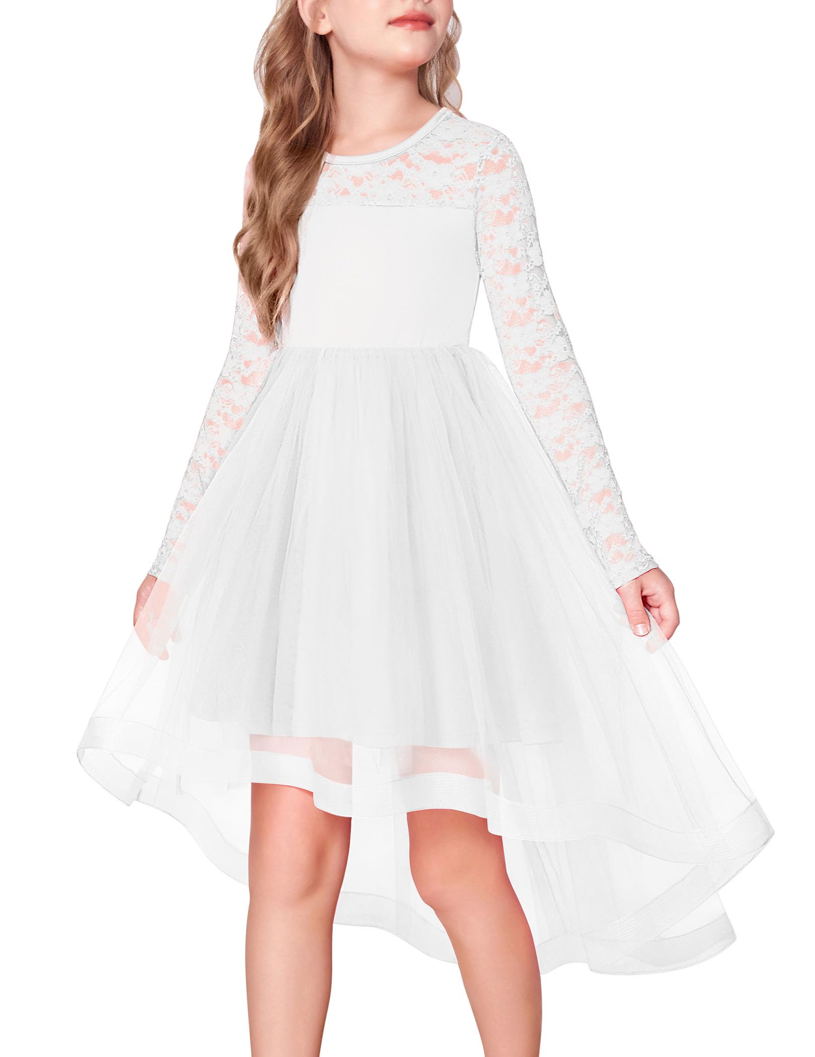 Flower Girl Lace Tutu Dresses High Low Hem Long Sleeve Flowy Formal Party Wedding Dress