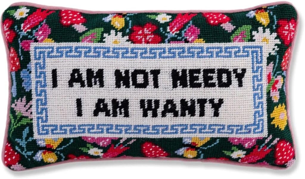 FURBISH Needlepoint Decorative Throw Pillow - Not Needy - 9" x 15" - Small Embroidered Accent Pillow for Bed, Chair, Couch, Sofa - Eclectic Home Decor