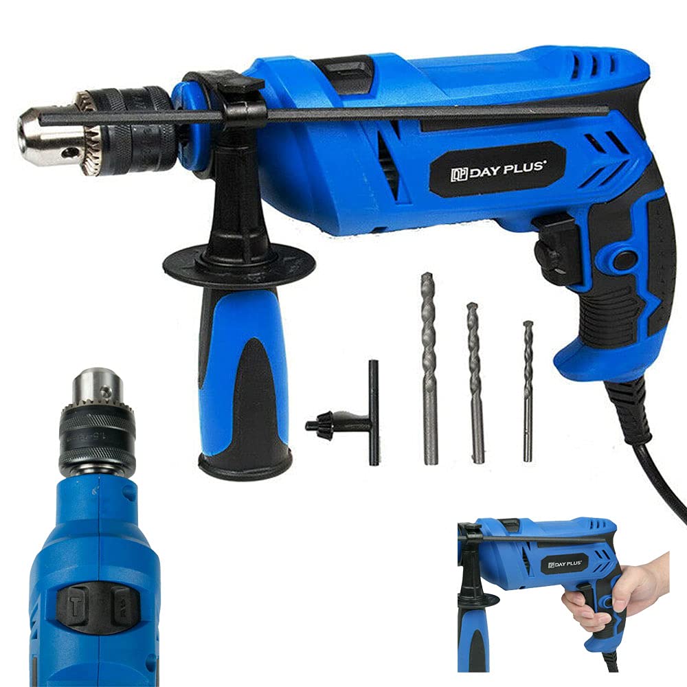 Dayplus Electric Corded Impact Workshop Hammer Drill Set Driver Screwdriver 2 In 1 Tools With Depth Gauge, Powerful Variable Speed Drill For Drilling Steel Masonry Concrete Wood