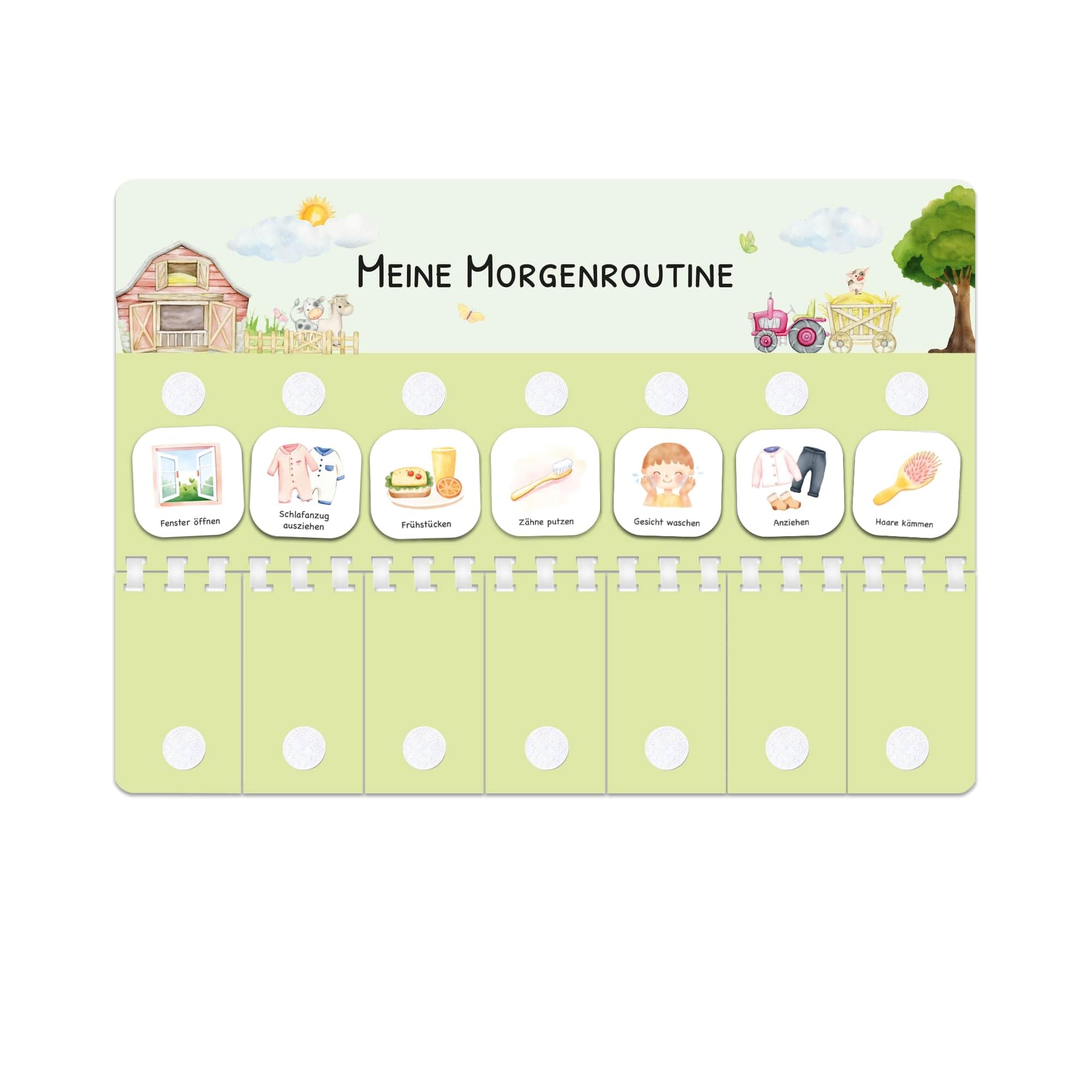Routine Planer Kinder für Morgenroutine und Abendroutine - Routineplaner, Tagesplan Kinder mit Klett-Punkten und 105 Symbolkärtchen, Montessori Planer, Routinehilfe zum Umklappen (Bauernhof)