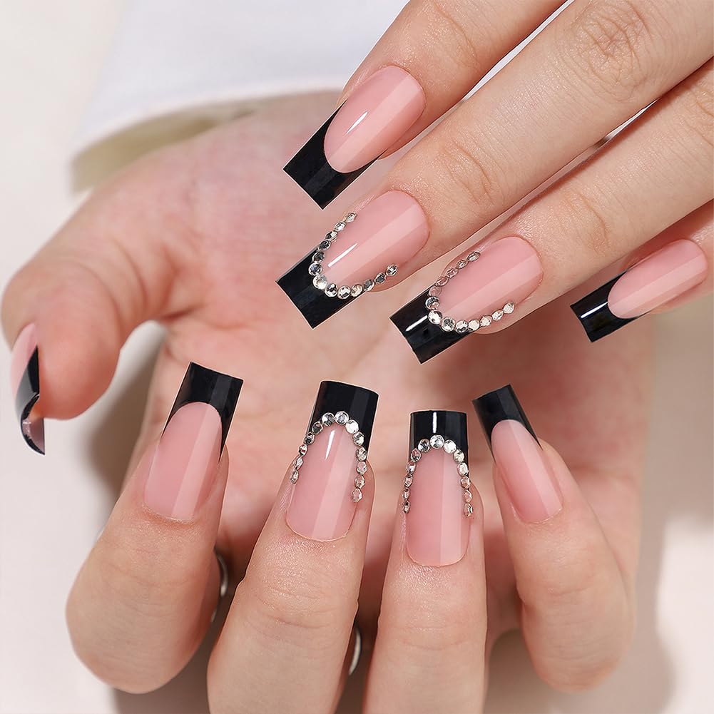 WAFOLOZE Black French Tip Press On Nails - Long Press On Nails Square Fake Nails with A Circle of Diamonds, Artificial Nails 16 Sizes - 32Pcs False