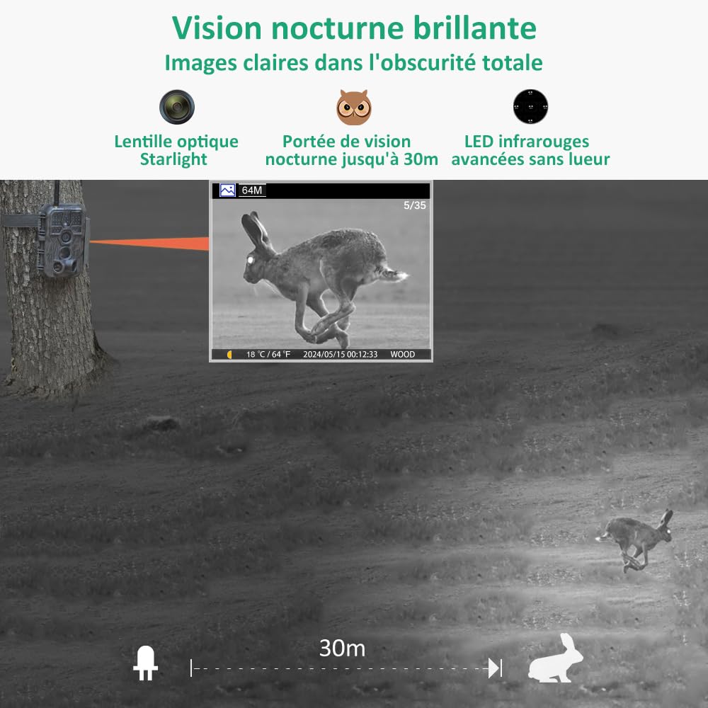 GardePro E8 Camera de Chasse WiFi avec App, 64MP 1296P H.264 Vidéo | Caméra de Chasse Connectée Telephone, Camera Vision Nocturne Animaux Exterieur, Camera Detecteur de Mouvement, No Glow 940nm