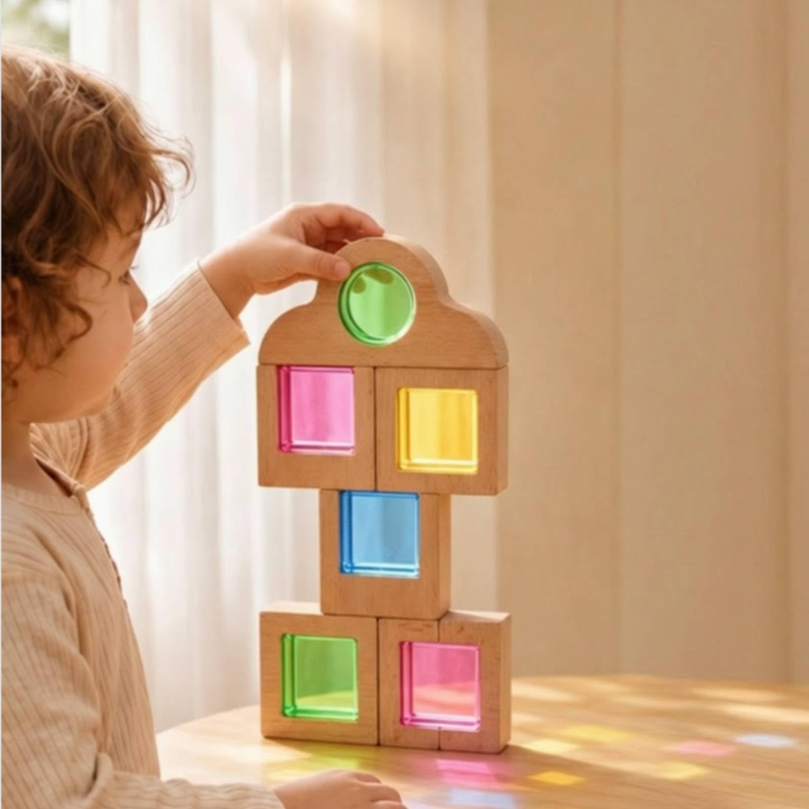 Qianly Blocchi di Legno con Inserti Trasparenti Traslucido Blocco Sensoriale in Legno Gioco Creativo Giocattoli per Neonati