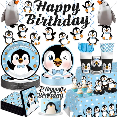 Xynic 179pcs Penguin Birthday Decorations Complete Tableware Set, 25 Guests