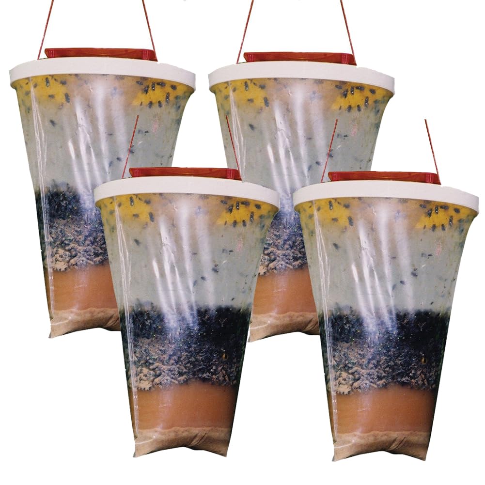 4PCS Fly Trap Bag, Fly Catcher Outdoor Indoor Disposable, Large Capacity Ranch Fly Trap Catcher Bags with Fly Bait, Hanging Fly Traps Killer for Outdoor Garden Farm Horse Barn