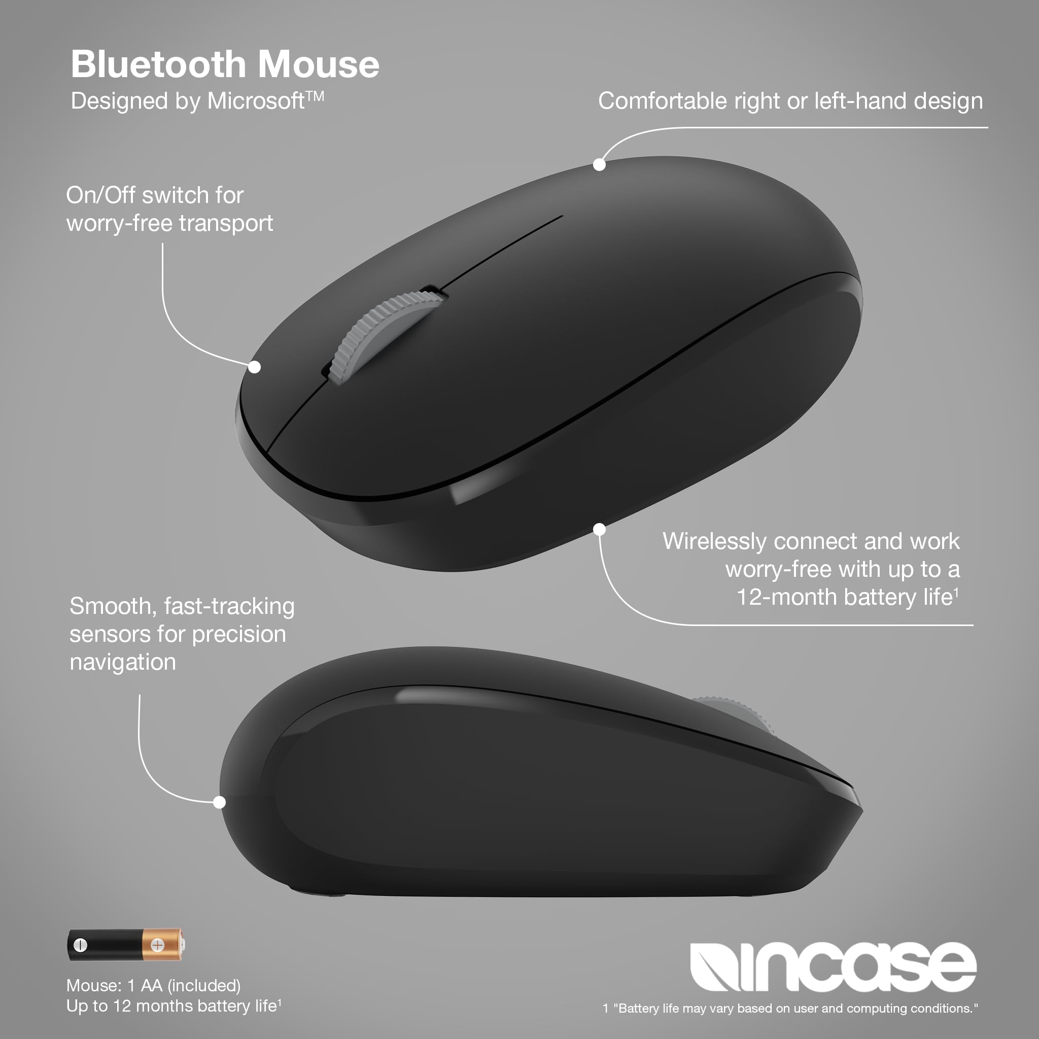 Incase Bluetooth Mouse - Designed by Microsoft - Compact, Comfortable, Right/Left Hand Use, 4-Way Scroll Wheel, Wireless Bluetooth Mouse for PC/Laptop/Desktop, Mac/Windows Computer (Black)