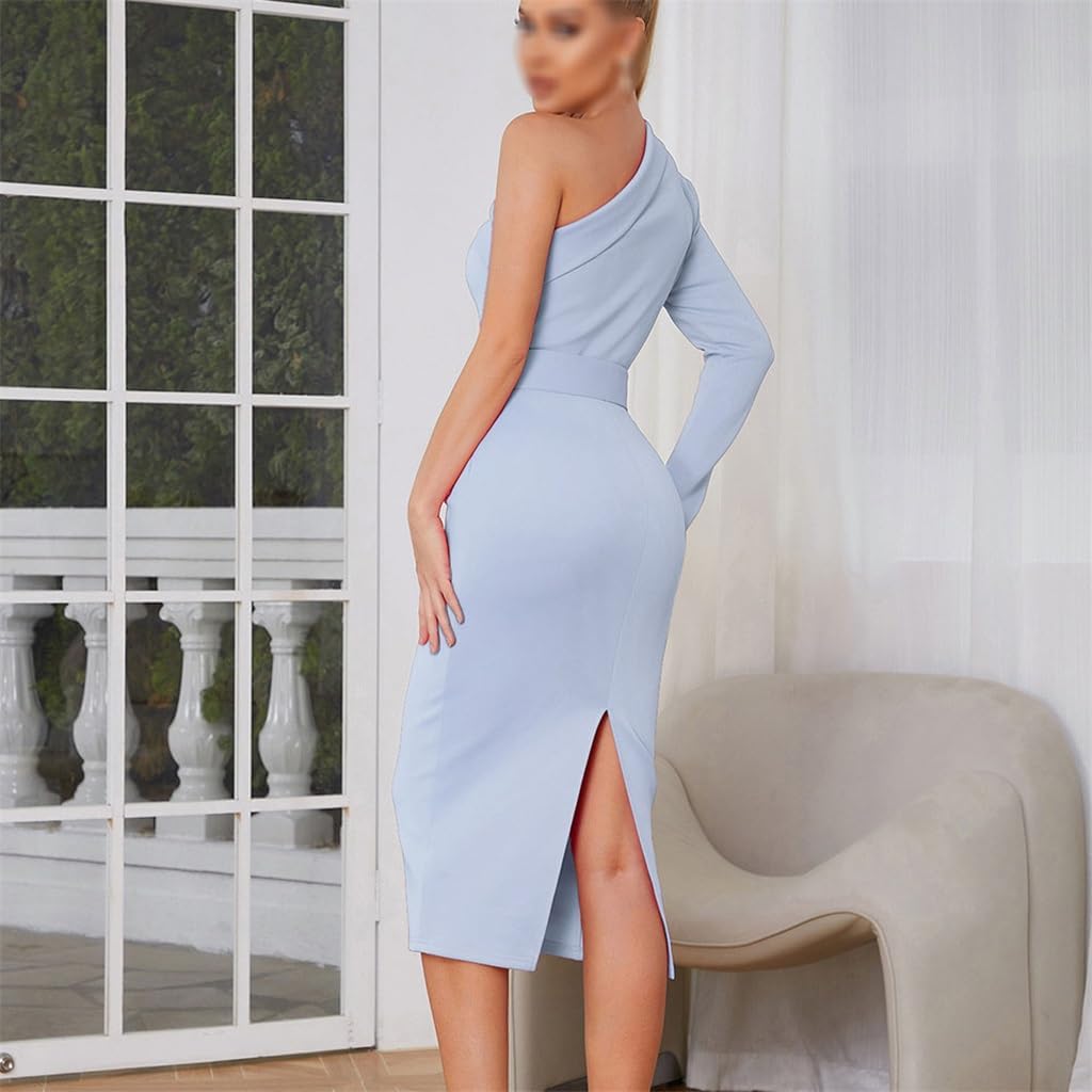 JSEIAJB Irregular Sexy Slant Shoulder Belt Back Split Slimming Dress for Women