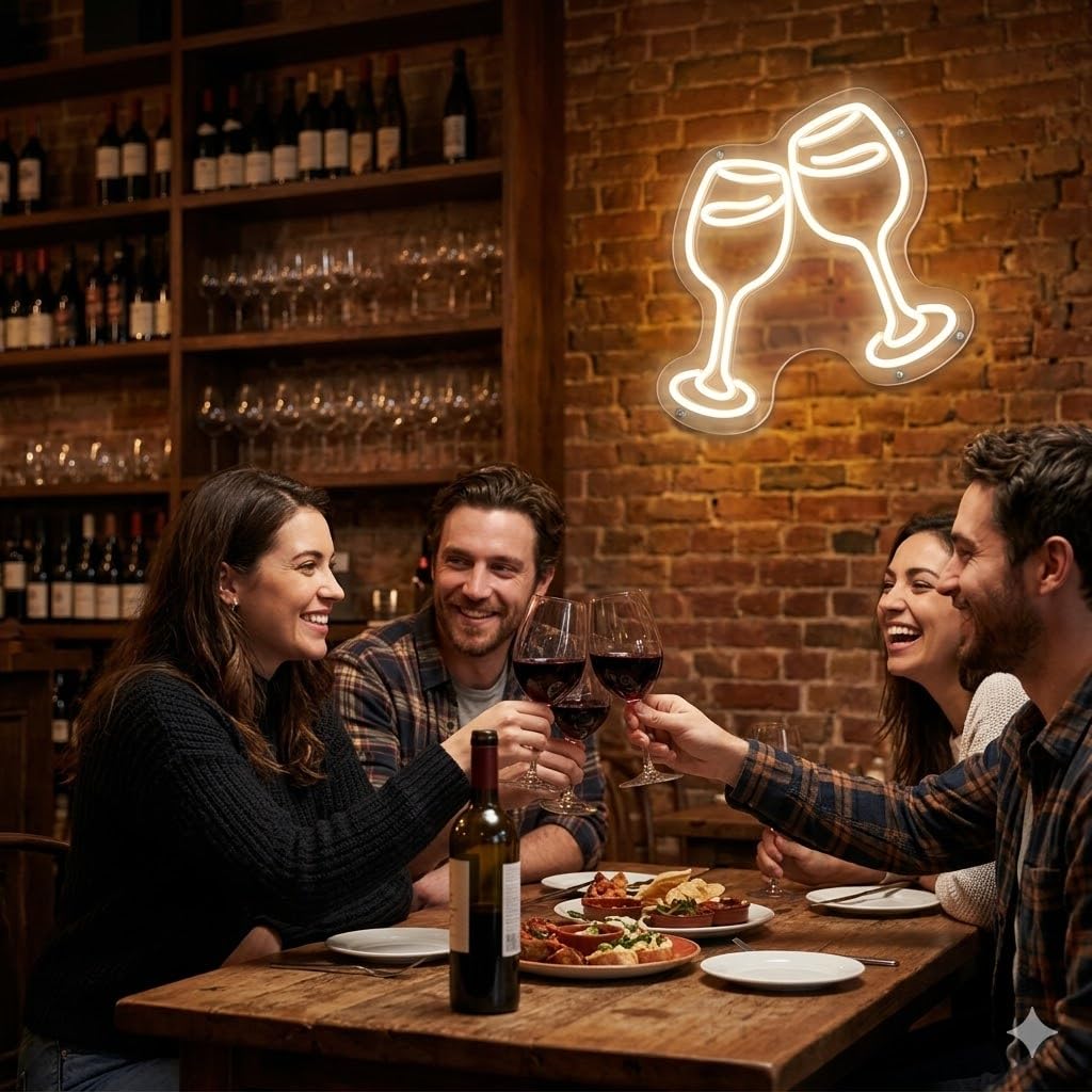 Letrero bajo coste Copas de vino brindando Cartel Luminoso LED Escaparate, Decoración de Pared en Metacrilato, Luz Brillante, aproximadamente 50x45cm alimentación 12v.