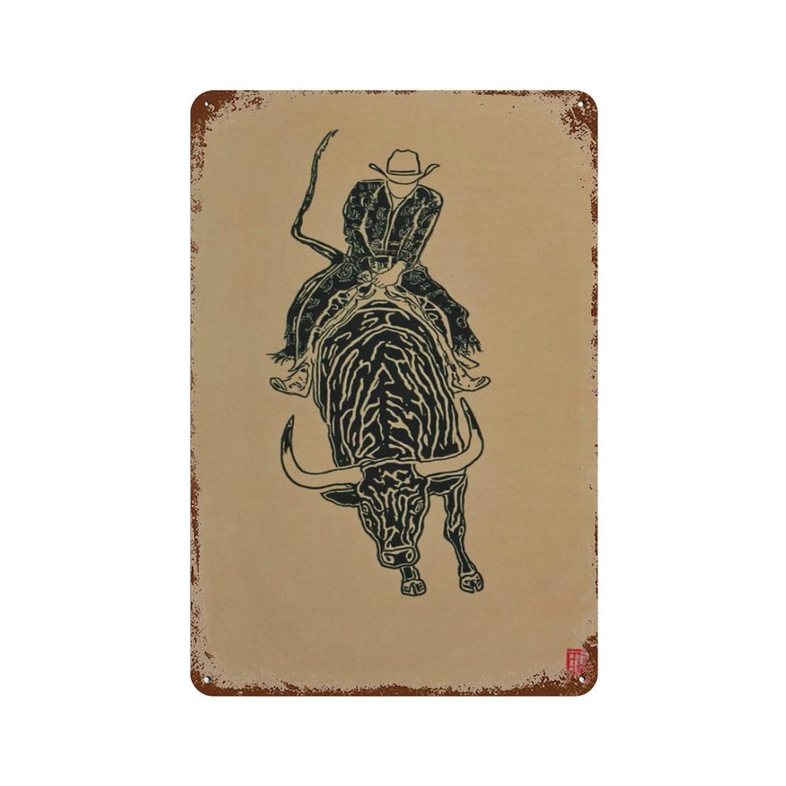 xiaoxiaoshen Japanese Rodeo Cowboy Bull Riding Western Minimalist Zen Tan Ink Style Wall Decor Art Metal Tin Poster Modern Home Decor Art Home Bar Shop Decorations Vintage Sign 30x20cm