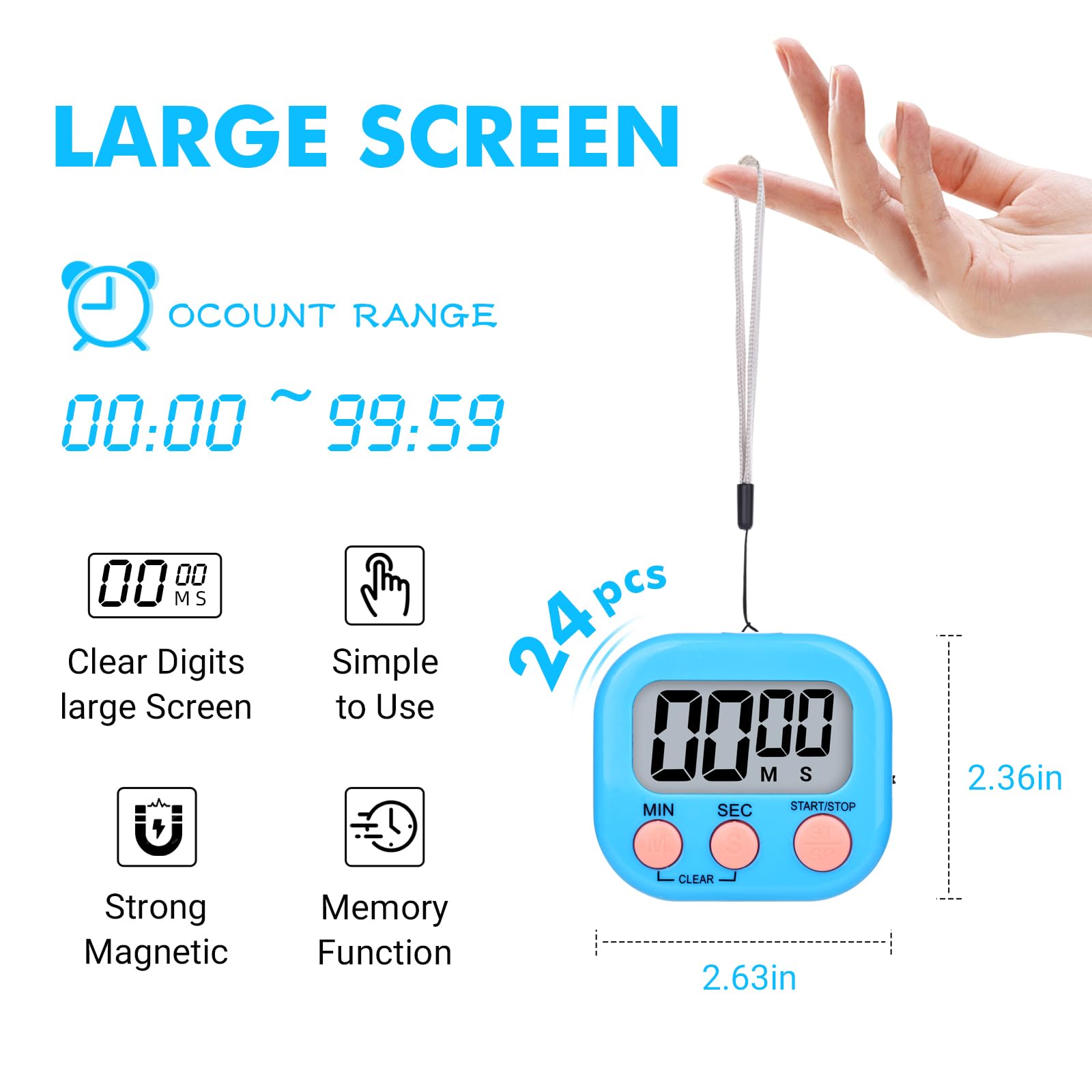 24 Pcs Digital Timers for Classroom Kitchen Timers for Cooking Small Magnetic Stopwatch 6 Colors Mini Countdown Timer Loud Alarm Stop for Study Work Baking Sports Games Office Timer Clock