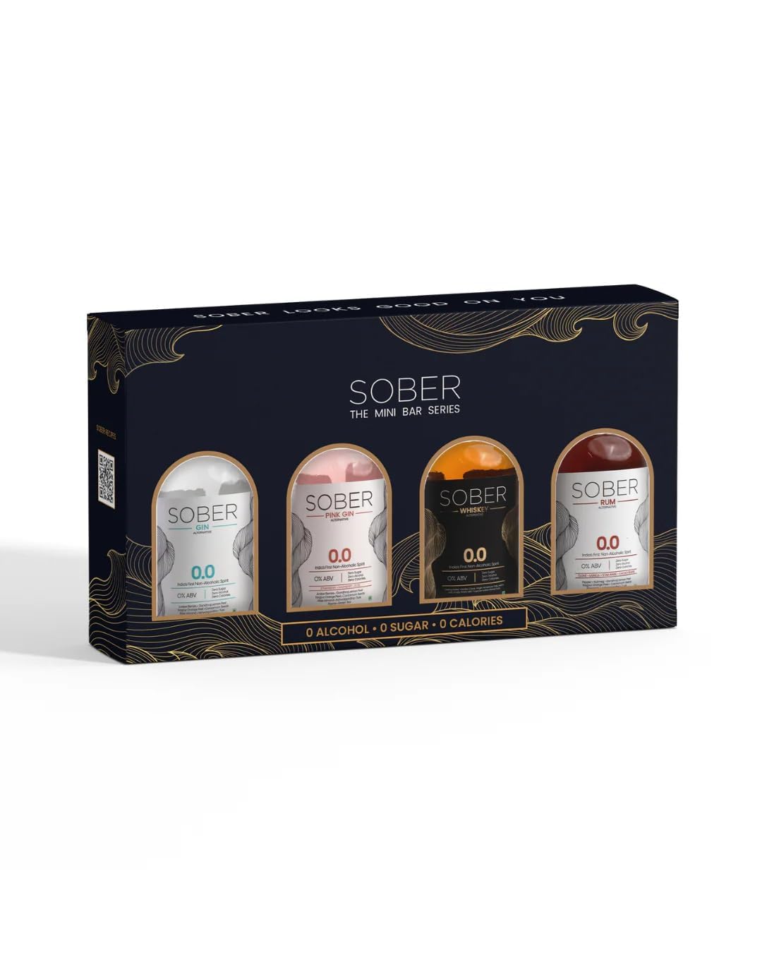 SOBER The Mini Bar Series | Non-Alcoholic Spirits Gift Pack (4 x 180ml) | Whiskey, Rum, Pink Gin & Classic Gin | Zero Alcohol, Sugar-Free, Low-Calorie Mocktail Set (Mini-Bar)