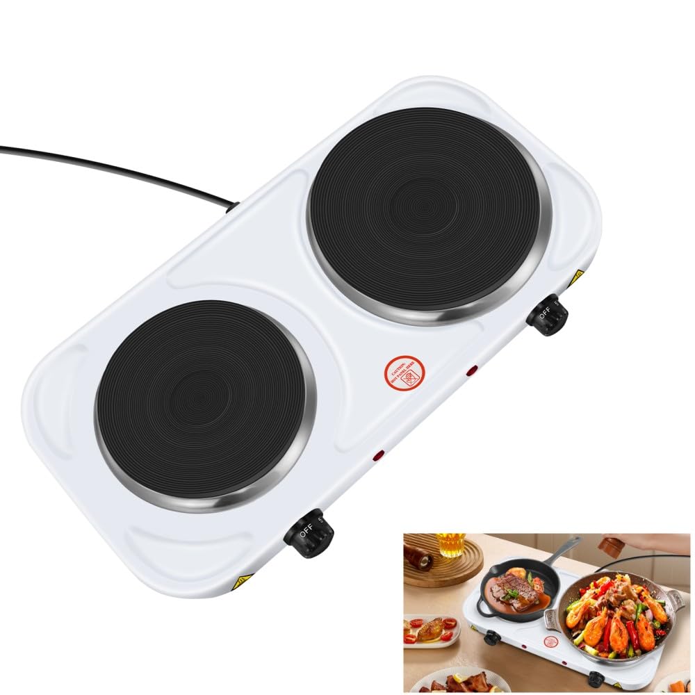 1500W Double Hot Plate 5 Power Levels Mobile Hotplate,Electric Hot Plate Double with Temperature Control, for Cooking, Warming, Boiling, Stir-Fry,Frying