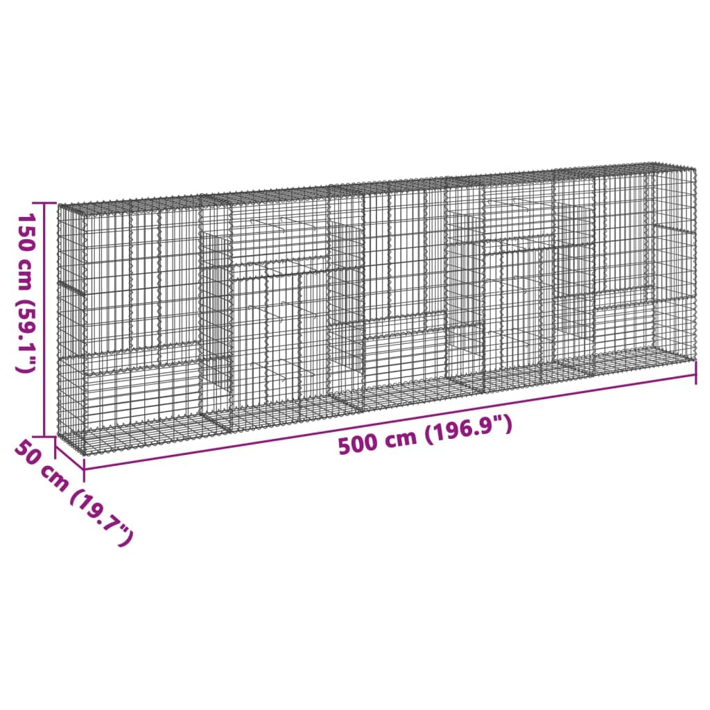 Kosz gabionowy z pokrywką 500x50x150 cm Żelazo ocynkowane | Montaż bez narzędzi, haczyki dystansowe w zestawie, do dekoracji zewnętrznej ogrodu