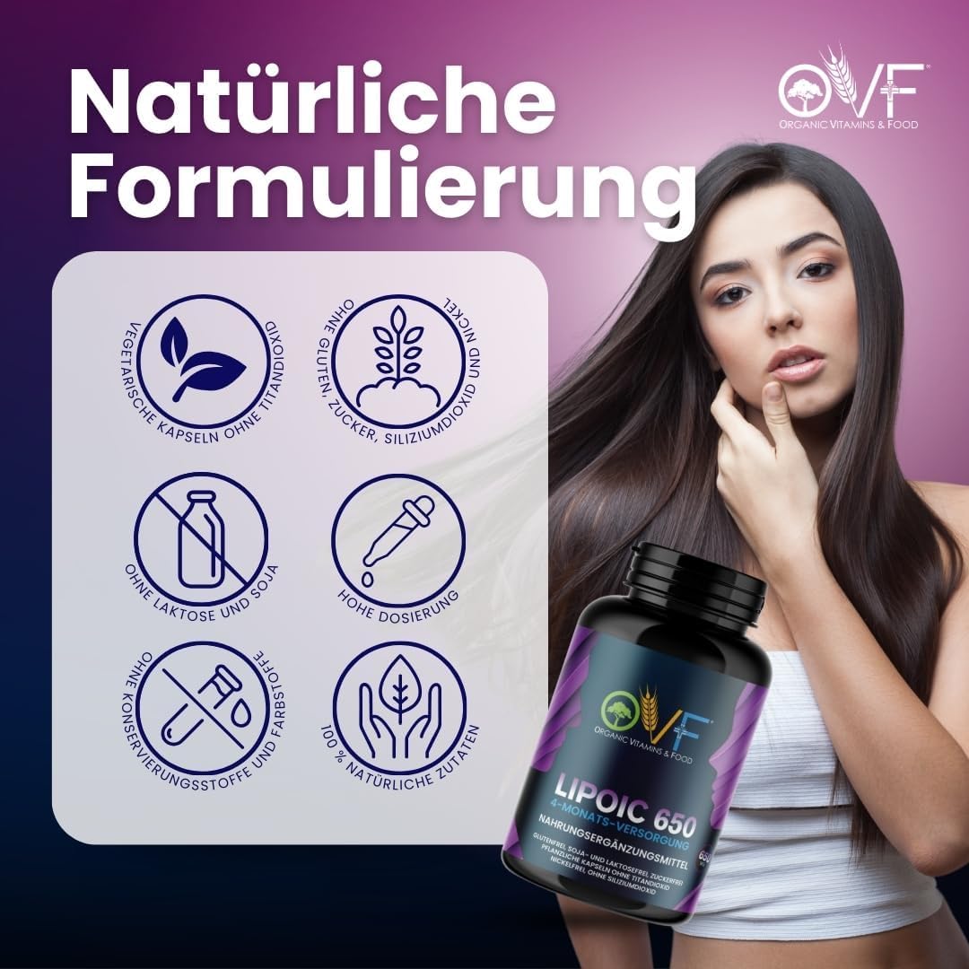 OVF R-Alpha Liponsäure 650 mg Hochdosiert, 120 Vegane Kapseln (4 Monate Vorrat), Starkes Antioxidans für Energie, Nerven & Stoffwechsel, Ohne Siliciumdioxid, 100% Made in Italy