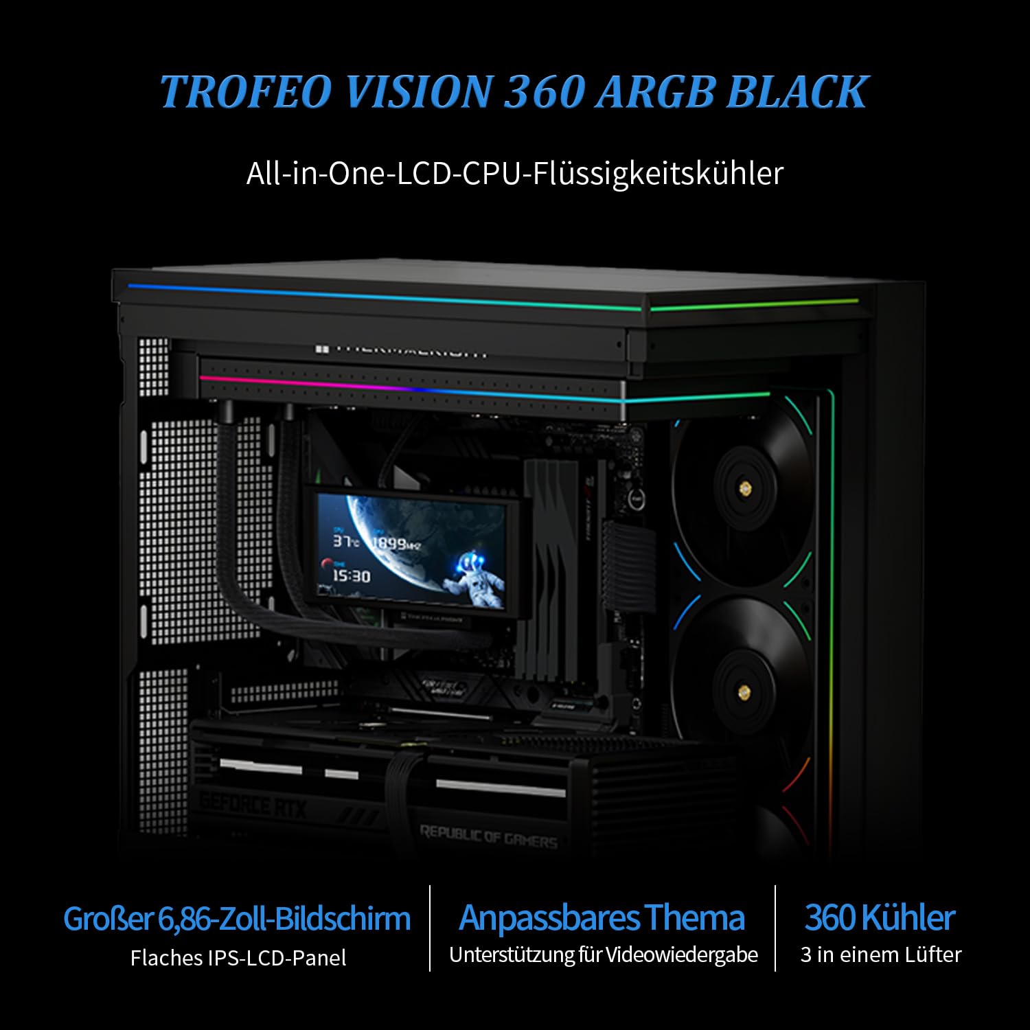 Thermalright TR Trofeo Vision 360 ARGB Negro CPU Liquid Cooler, pantalla LCD IPS magnética de 6,86 pulgadas con una resolución de 2400 x 1080, compatible con AM4/AM5, Intel LGA1700/1851