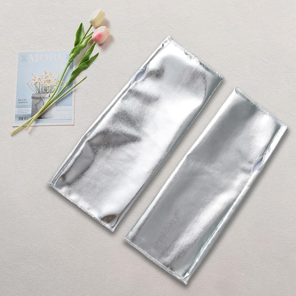 CALFOVERA Silver Shiny Metallic Fingerless Mittens Half Palm PU Leather Gloves Short Gothic Punk Rock Stage Stretchy Dress Up Arm Warmer Gloves for Women Girls Halloween Costume Party Cosplay - Image 4