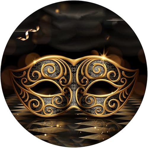 Miniatura 3 de Yeele Telón de fondo redondo de Mardi Gras de 5 x 5 pies, máscara dorada brillante, para escenario de piso retro oscuro, fondo de fotografía para