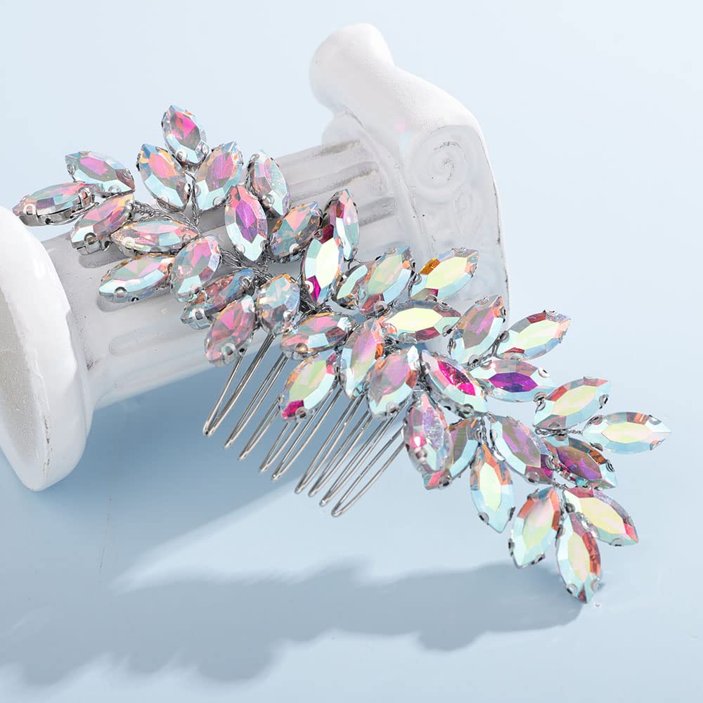 Teyglen Peine para el pelo con diamantes de imitación para mujer, peine lateral brillante para novia, color AB, metal, 15 cm, accesorio de lujo para el cabello para ocasiones especiales