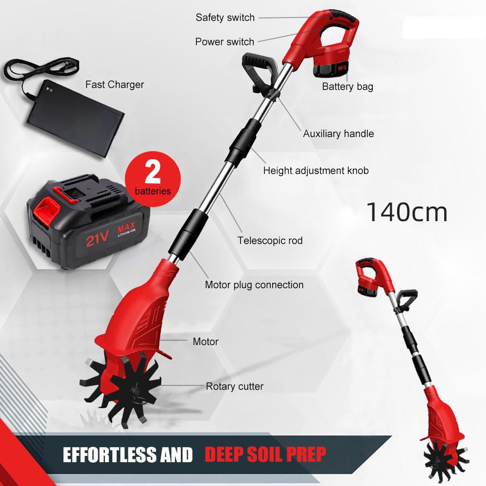 Motoazada Electrica 500W, Motoazada Bateria Inalámbrica Portátil, Ancho de Labranza 20 cm Profundidad de Labranza 15 cm 2 Baterías de 3000 mAh, Motocultor para Labrar y Suavizar el Suelo